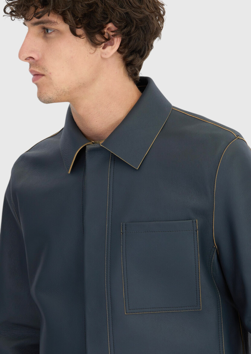 Grey Regular Fit Shirt Collar Casual Sheep Leather Leather Coat - 3