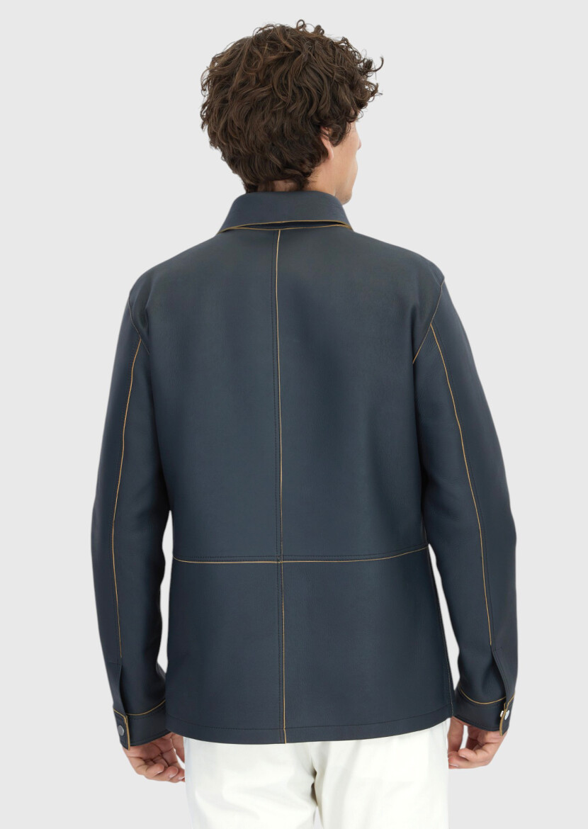 Grey Regular Fit Shirt Collar Casual Sheep Leather Leather Coat - 5