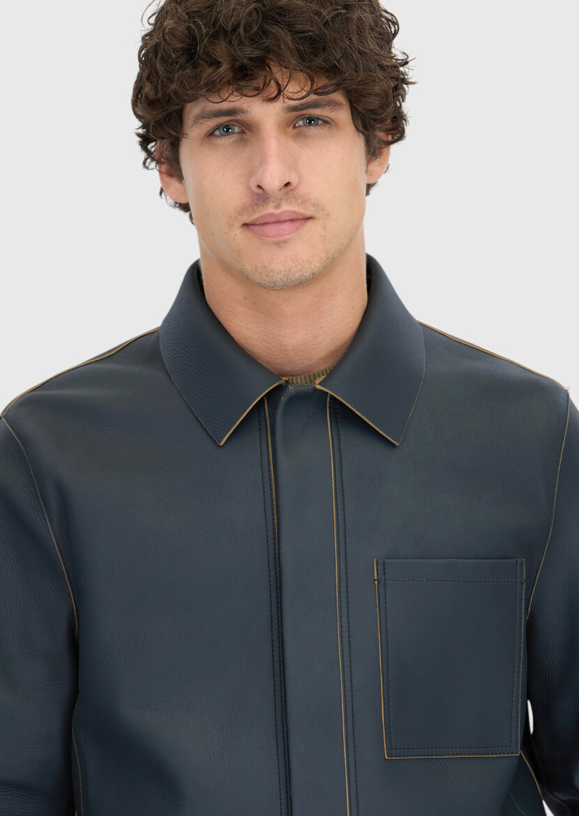 Grey Regular Fit Shirt Collar Casual Sheep Leather Leather Coat - 4