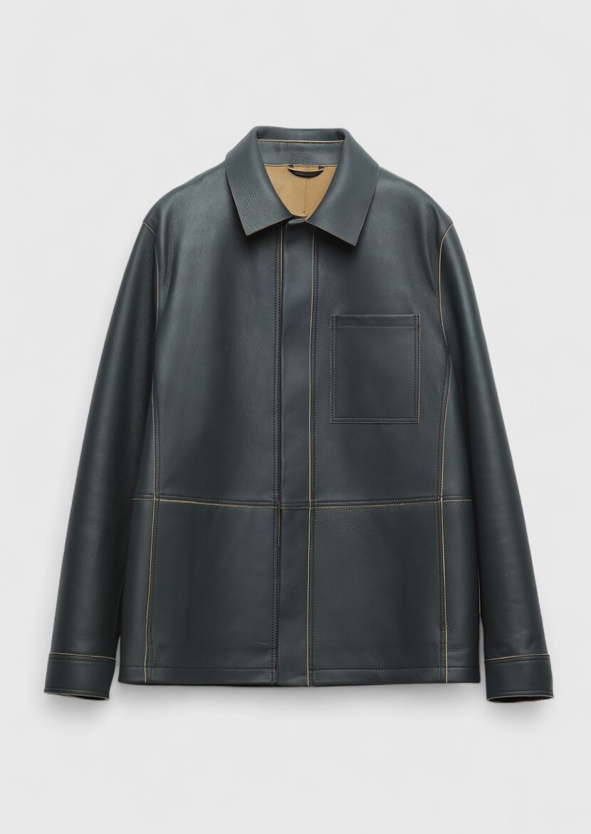 Grey Regular Fit Shirt Collar Casual Sheep Leather Leather Coat - 6