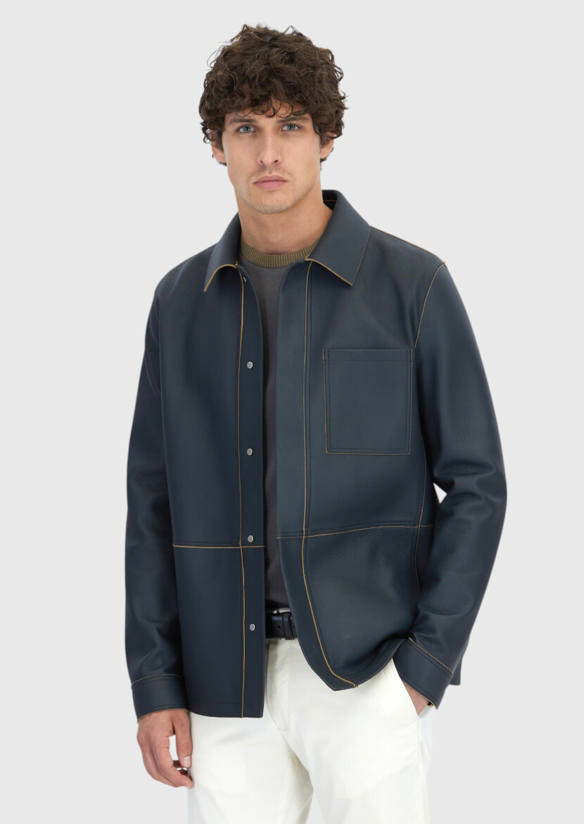 Grey Regular Fit Shirt Collar Casual Sheep Leather Leather Coat - RAMSEY