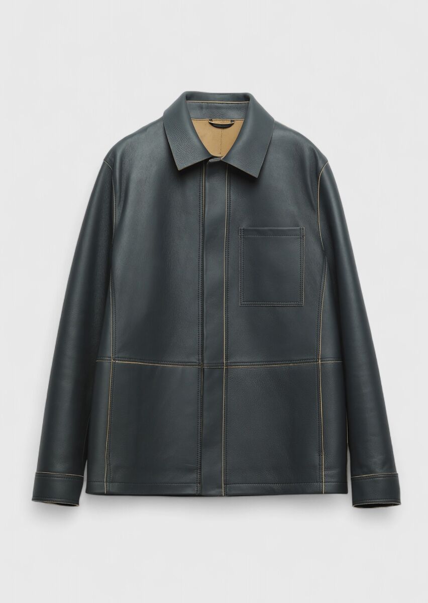 Grey Regular Fit Shirt Collar Casual Sheep Leather Leather Coat - 6