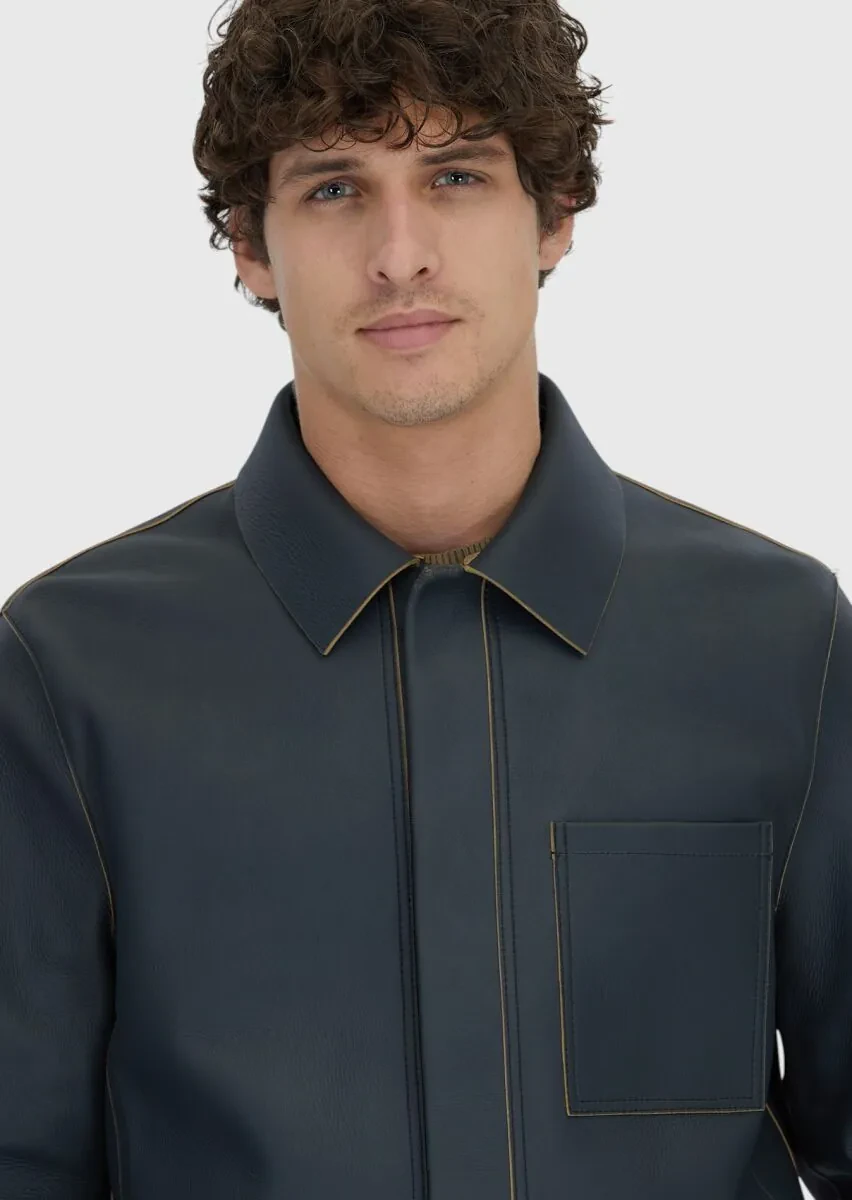 Grey Regular Fit Shirt Collar Casual Sheep Leather Leather Coat - 4
