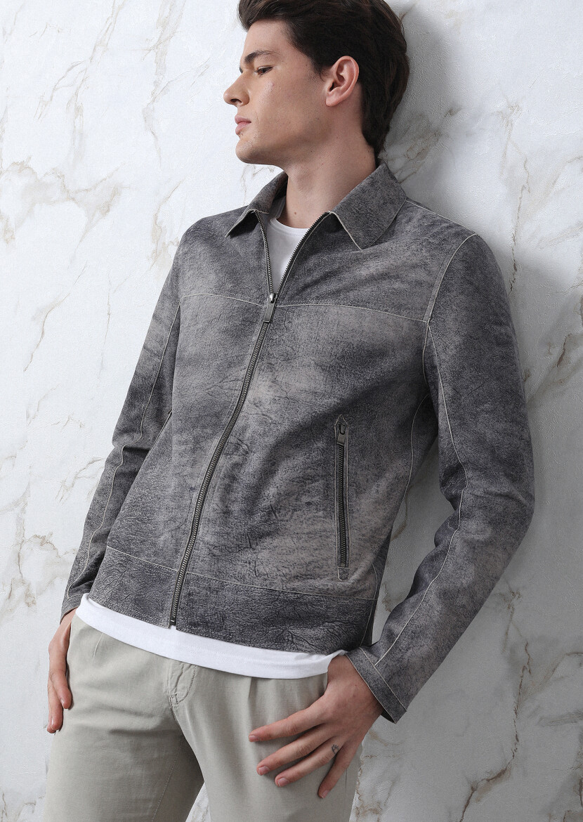 Grey Regular Fit Shirt Collar Casual Suede Leather Coat - 2