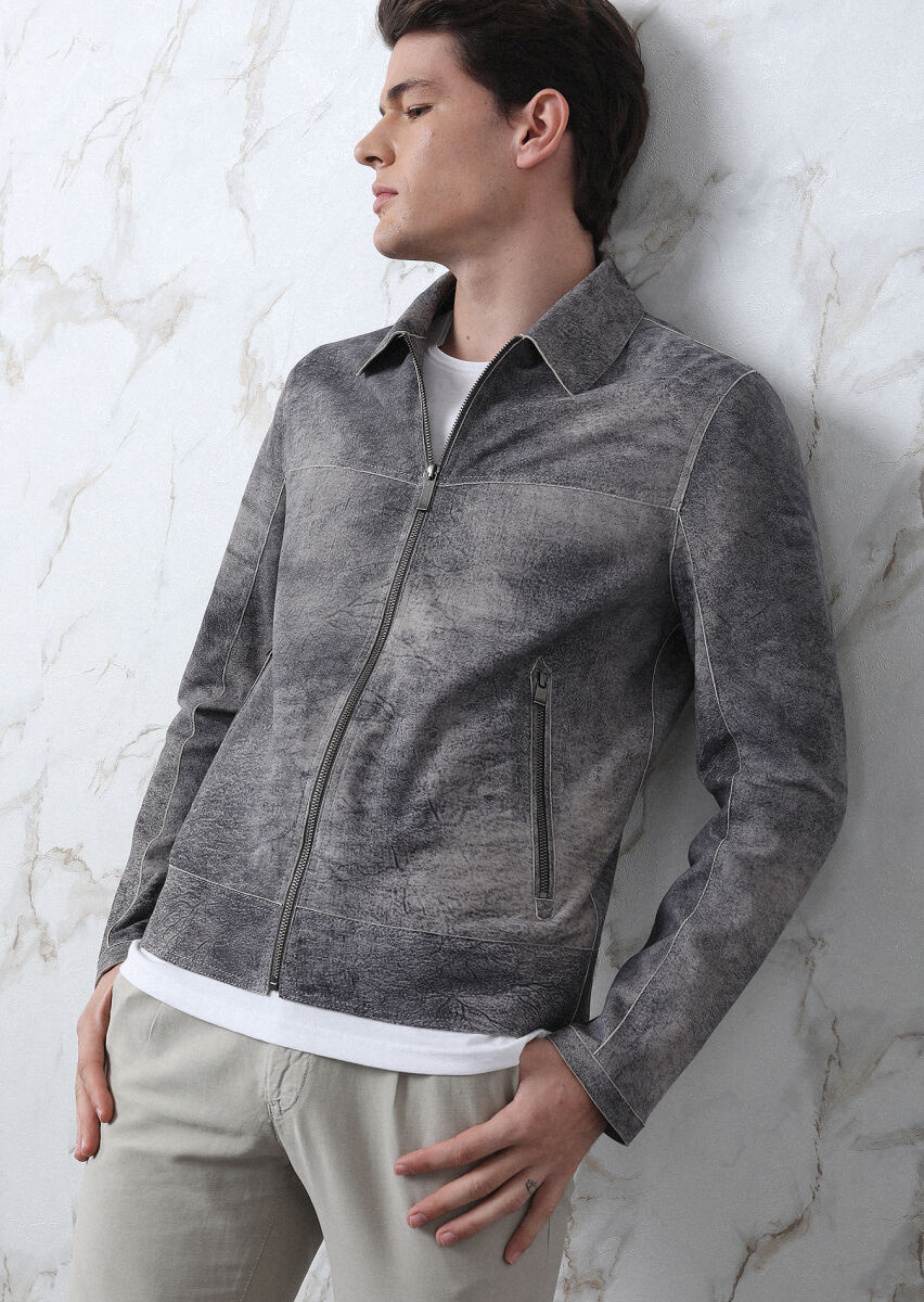 Grey Regular Fit Shirt Collar Casual Suede Leather Coat - 2