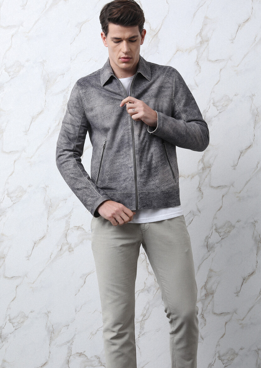 Grey Regular Fit Shirt Collar Casual Suede Leather Coat - 3