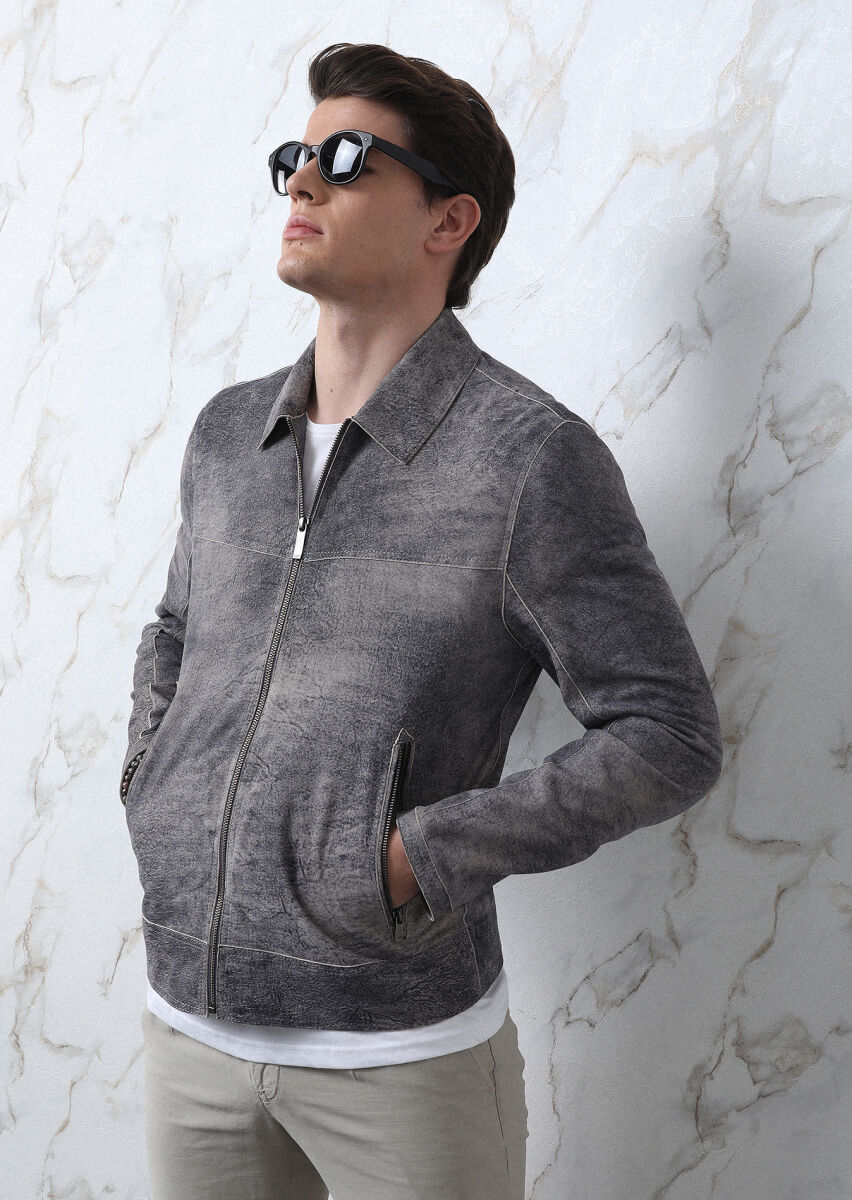 Grey Regular Fit Shirt Collar Casual Suede Leather Coat - 4