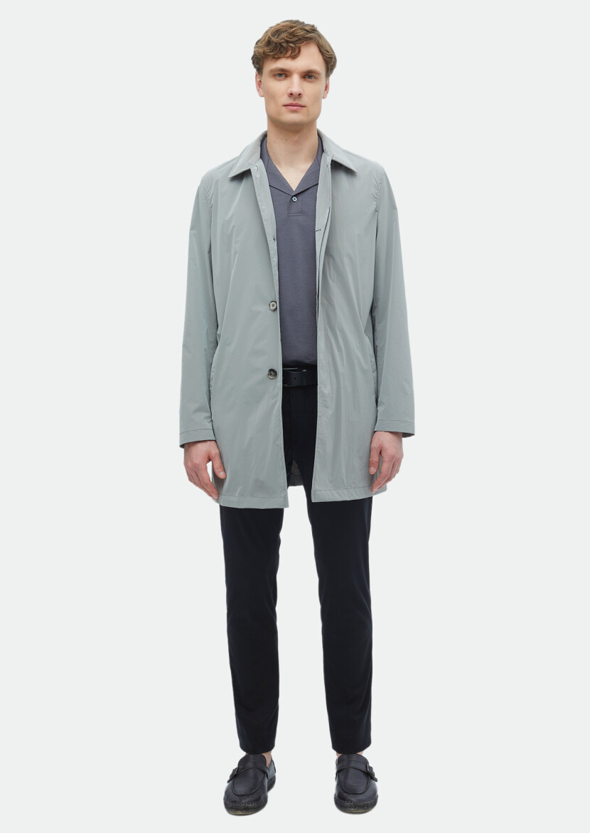 Grey Regular Fit Shirt Collar Casual Weaving Rain Coat - 2