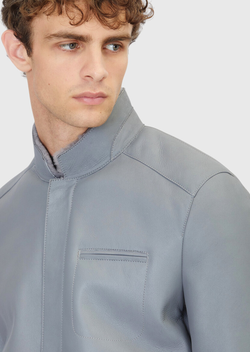 Grey Regular Fit Turtleneck Casual Shearling Leather Coat - 4