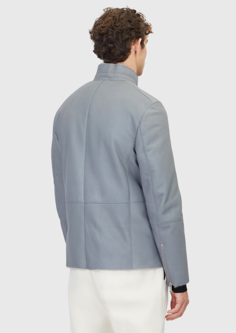 Grey Regular Fit Turtleneck Casual Shearling Leather Coat - 6