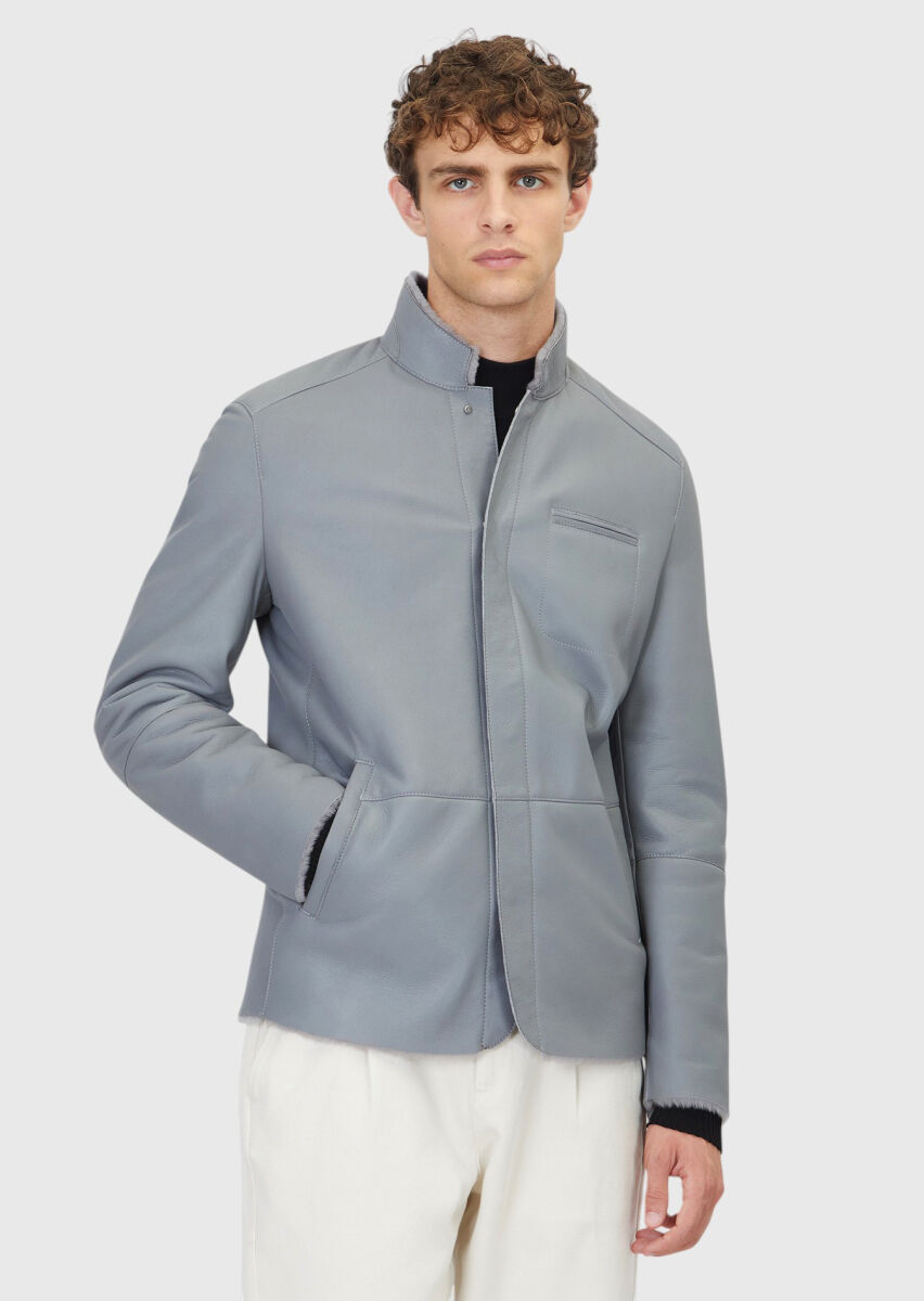 Grey Regular Fit Turtleneck Casual Shearling Leather Coat - 3