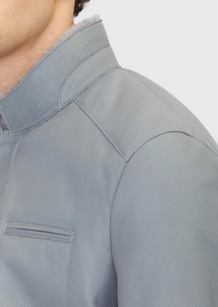 Grey Regular Fit Turtleneck Casual Shearling Leather Coat - 5