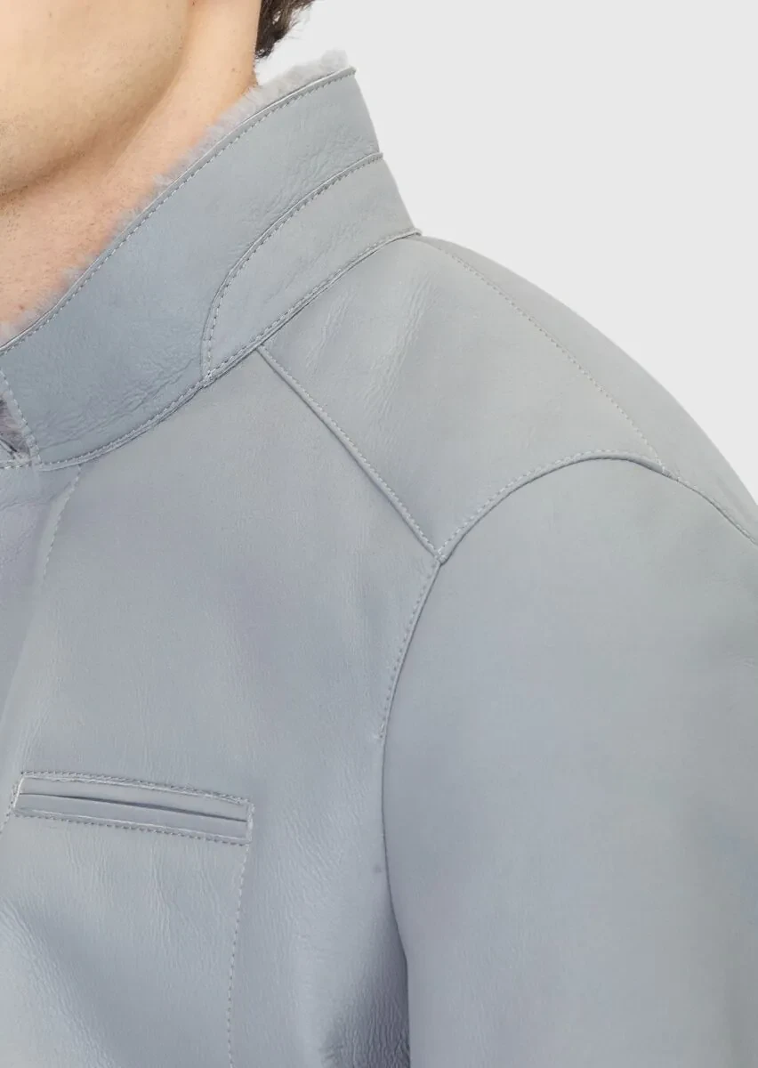 Grey Regular Fit Turtleneck Casual Shearling Leather Coat - 5