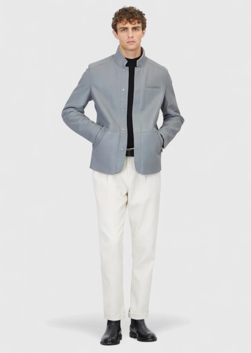 Grey Regular Fit Turtleneck Casual Shearling Leather Coat 