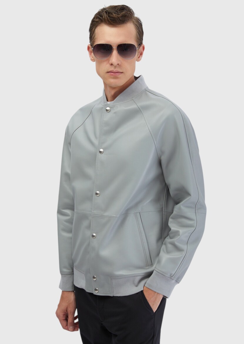 Grey Regular Fit Turtleneck Casual Sheep Leather Leather Coat - 3