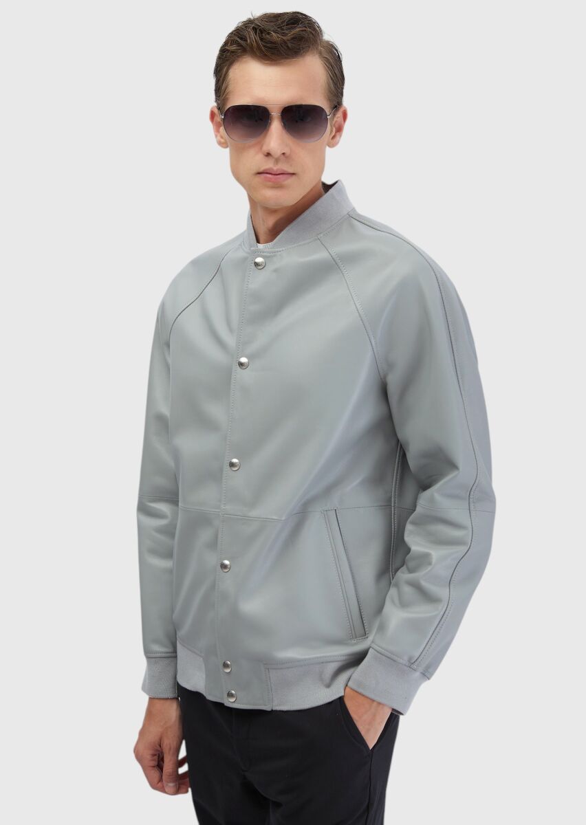 Grey Regular Fit Turtleneck Casual Sheep Leather Leather Coat - 3