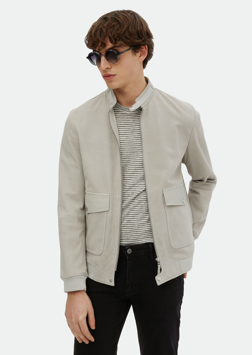 Grey Regular Fit Turtleneck Casual Suede Leather Coat - 1