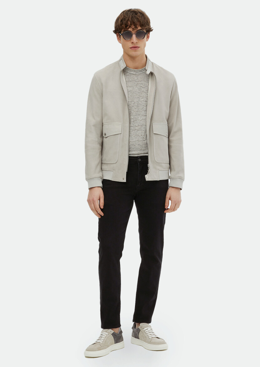 Grey Regular Fit Turtleneck Casual Suede Leather Coat - 2