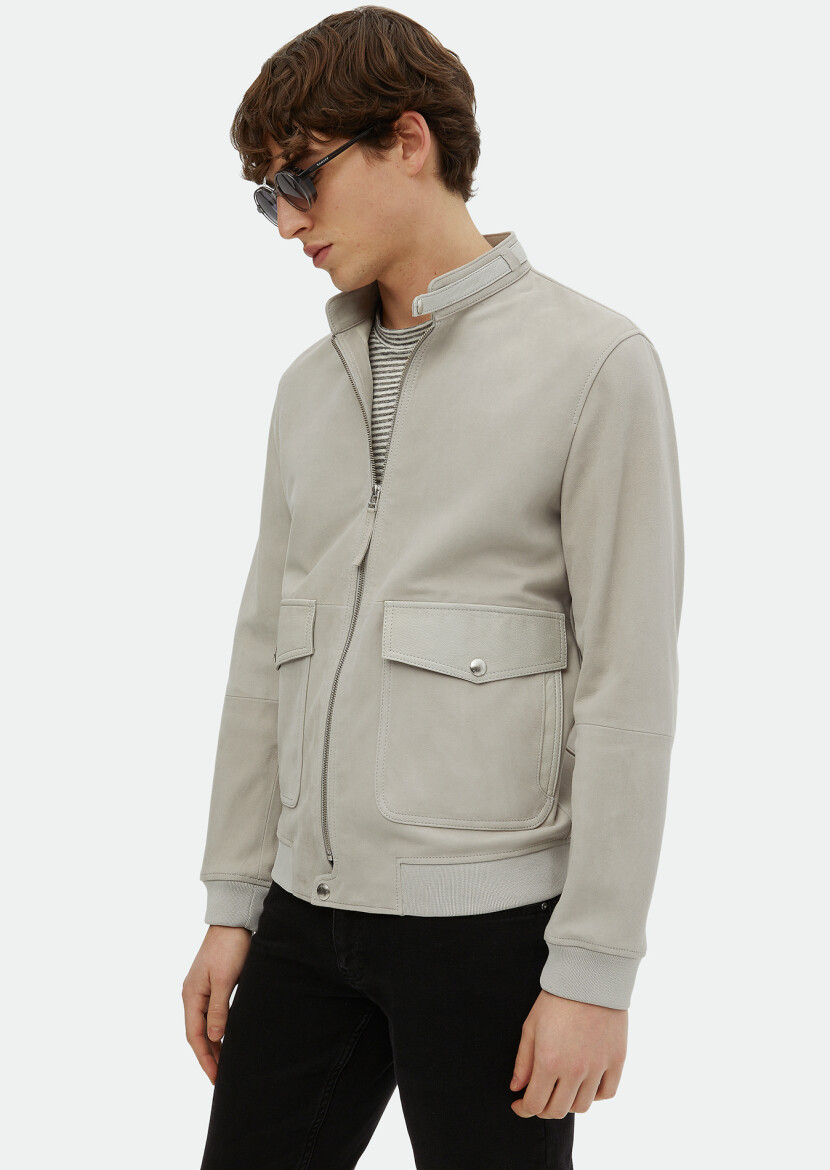 Grey Regular Fit Turtleneck Casual Suede Leather Coat - 3