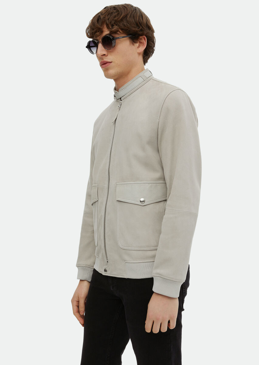Grey Regular Fit Turtleneck Casual Suede Leather Coat - 5