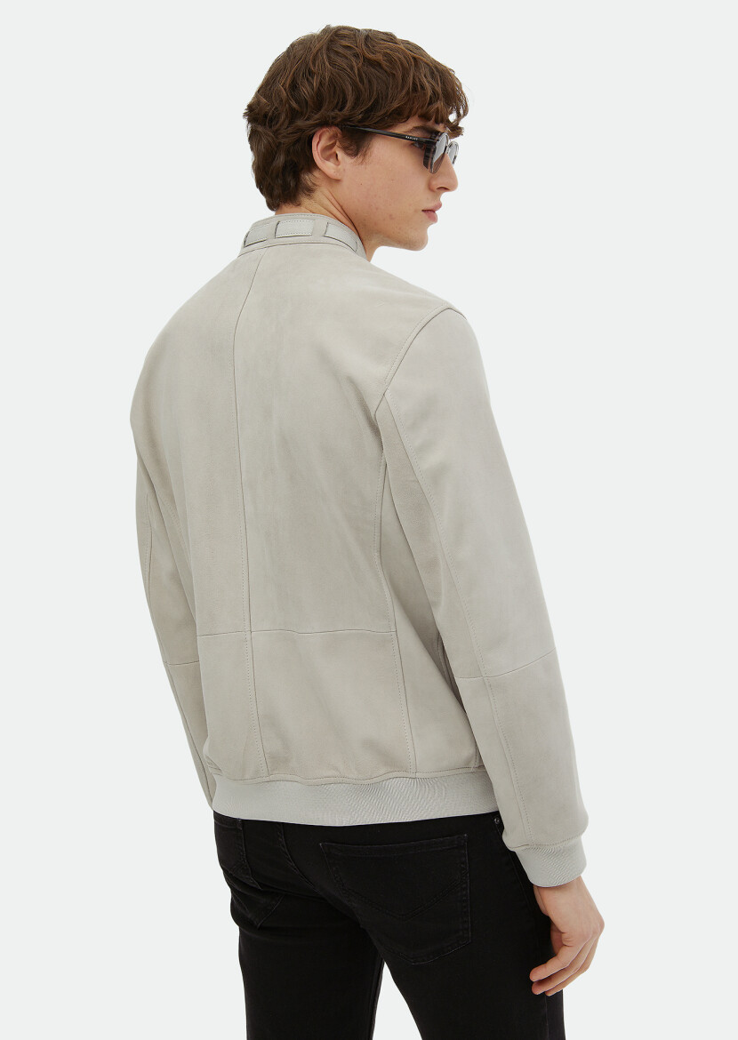 Grey Regular Fit Turtleneck Casual Suede Leather Coat - 6