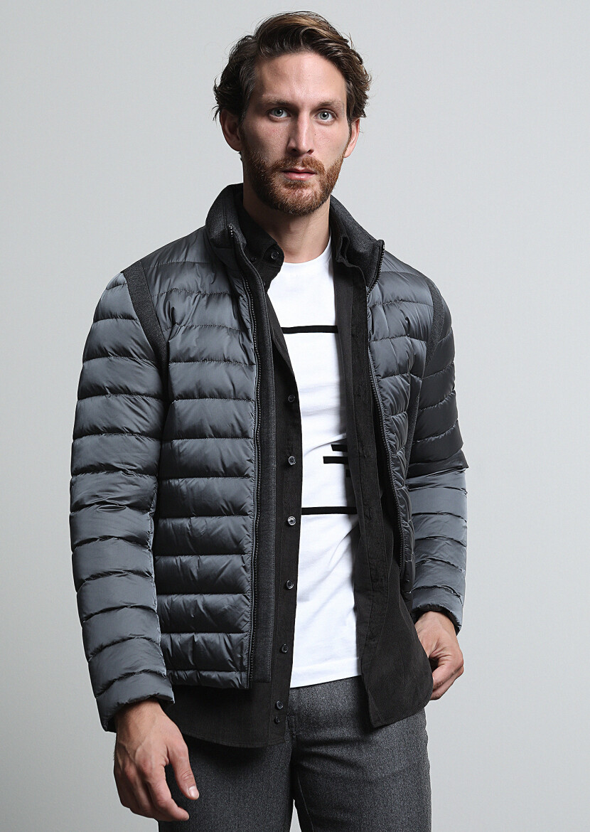 Grey Regular Fit Turtleneck Casual Weaving Coat 