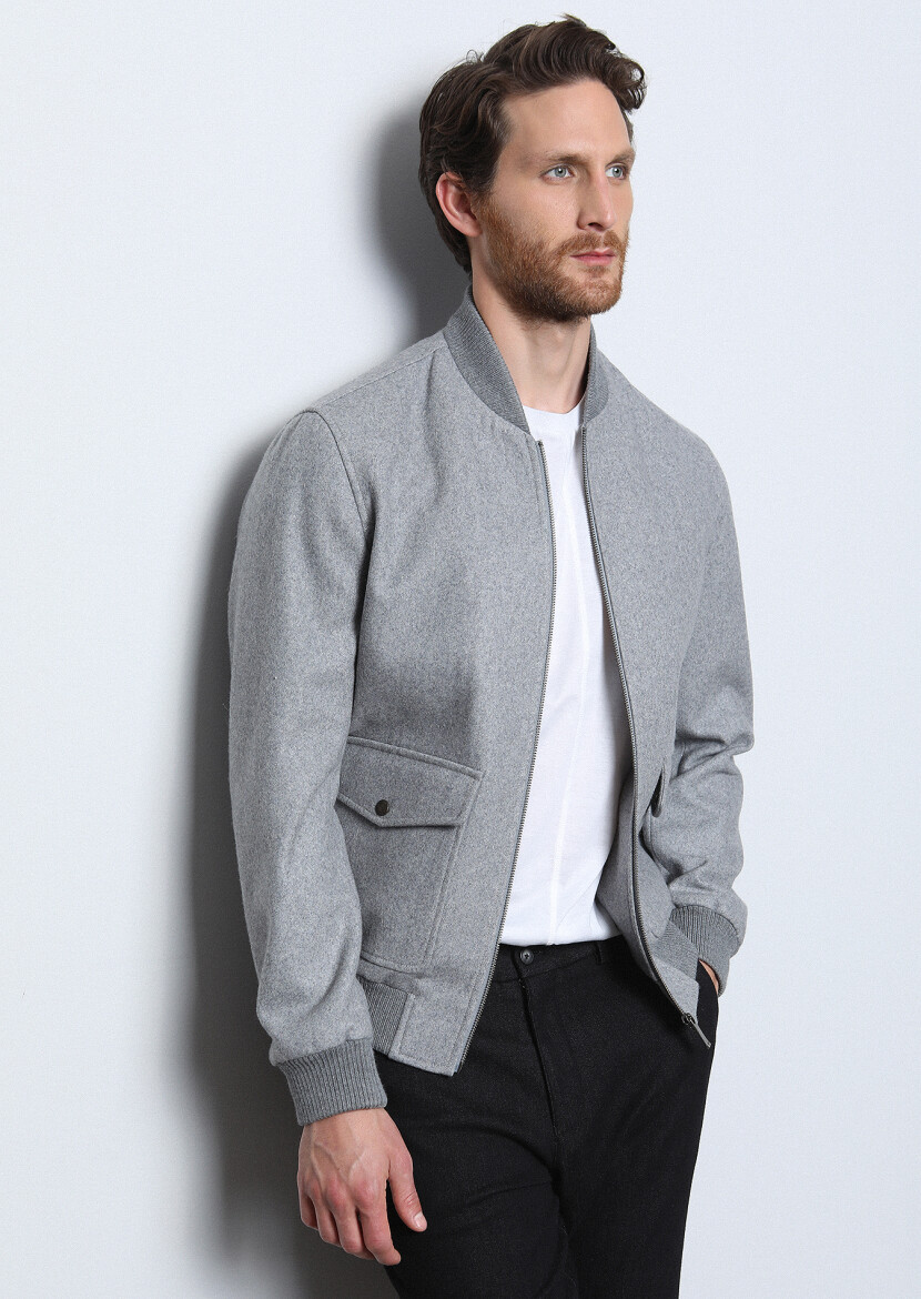 Grey Regular Fit Turtleneck Casual Weaving Coat - 1