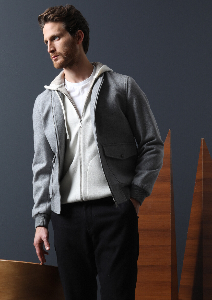 Grey Regular Fit Turtleneck Casual Weaving Coat - 2