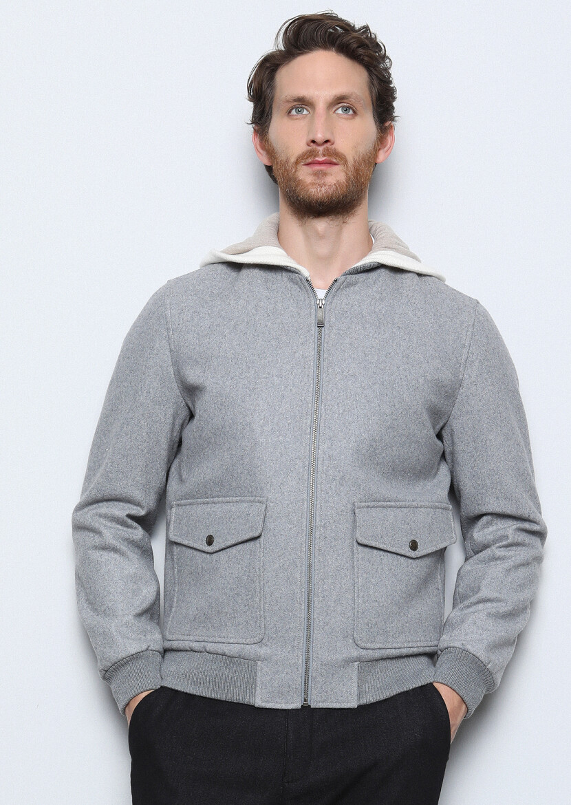 Grey Regular Fit Turtleneck Casual Weaving Coat - 3