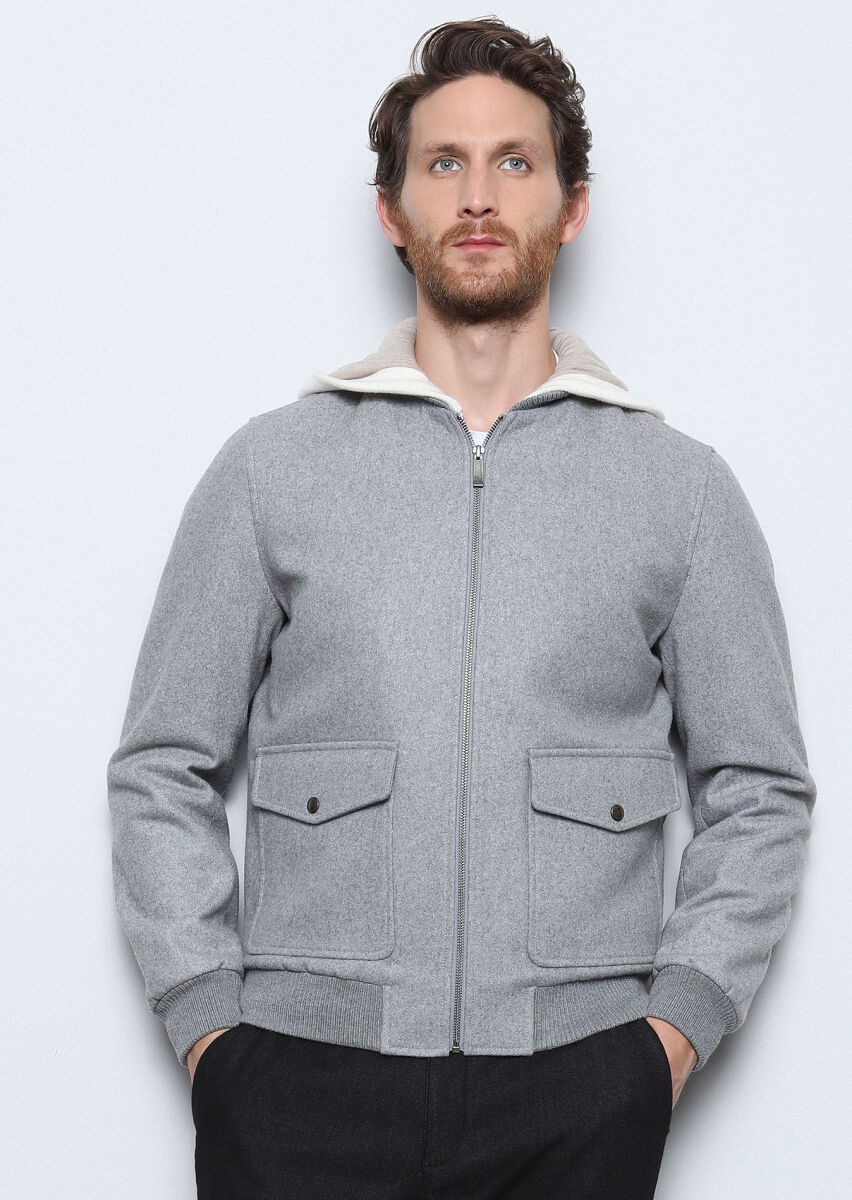 Grey Regular Fit Turtleneck Casual Weaving Coat - 3
