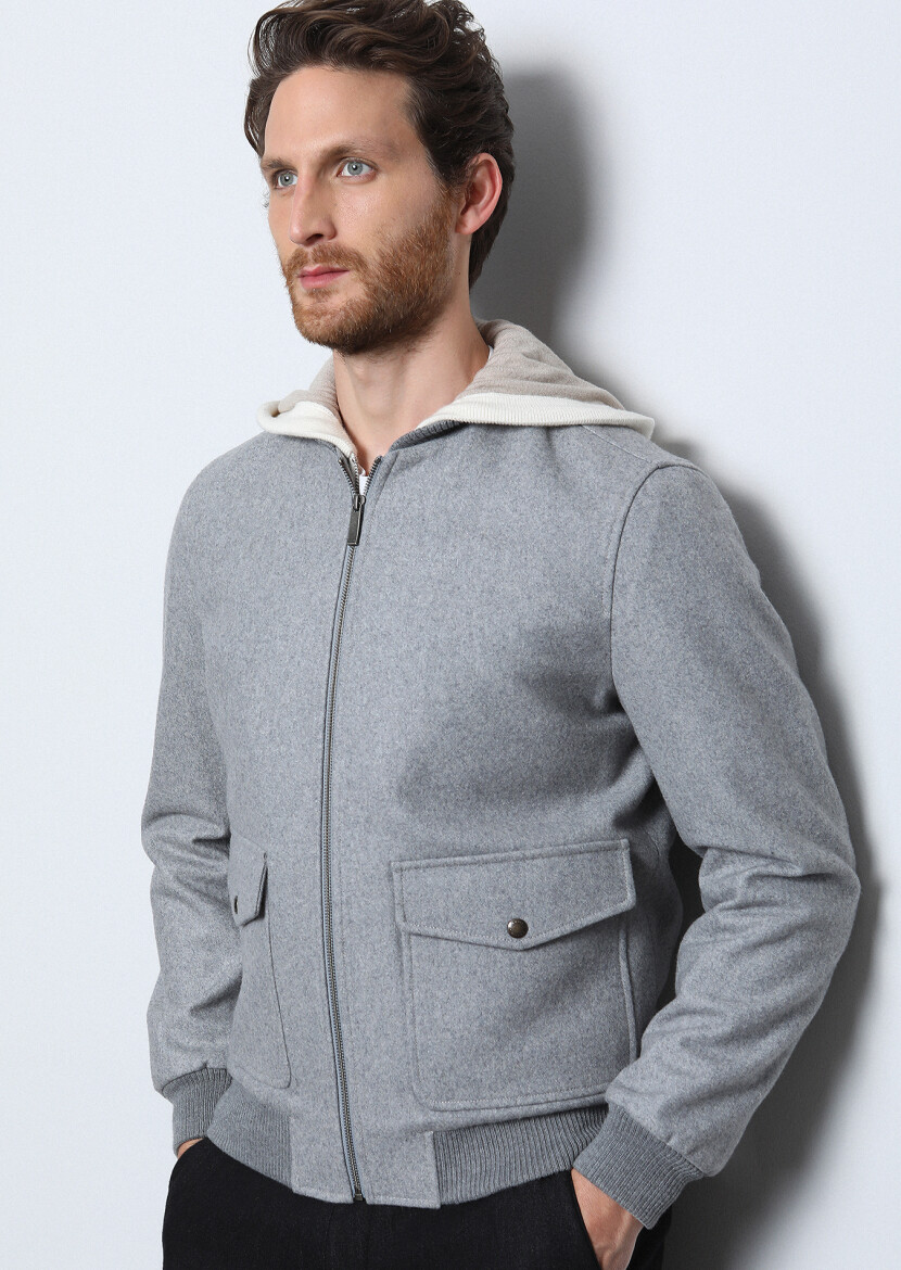 Grey Regular Fit Turtleneck Casual Weaving Coat - 4