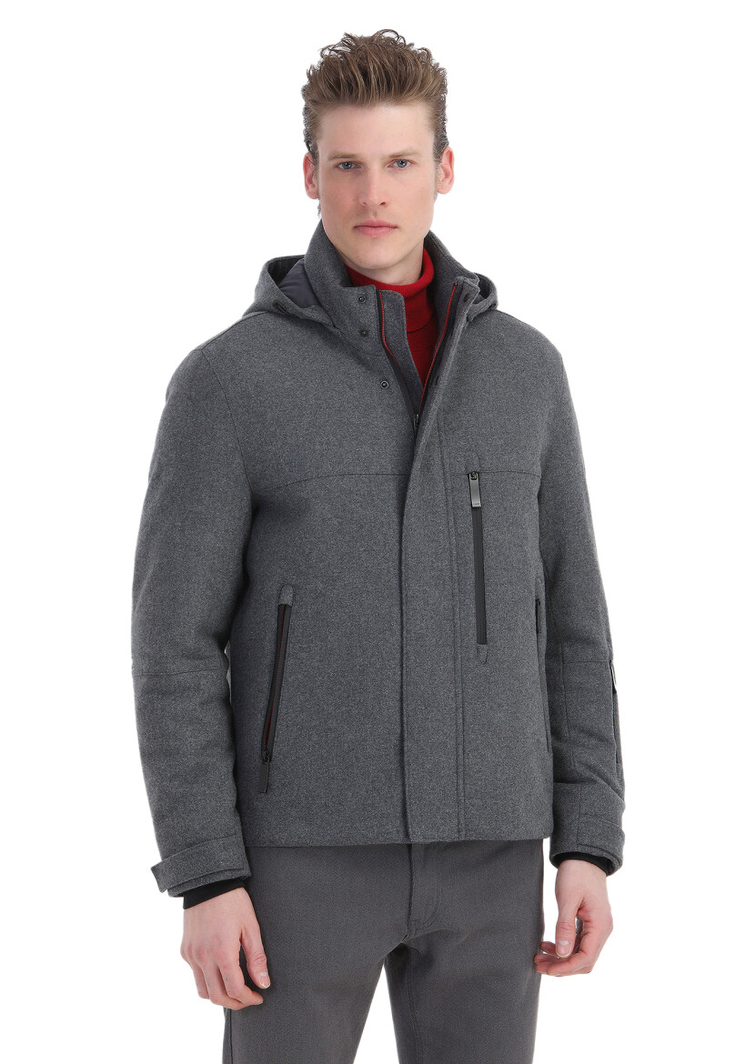 Grey Regular Fit Turtleneck Casual Weaving Removable Hood Coat - 3