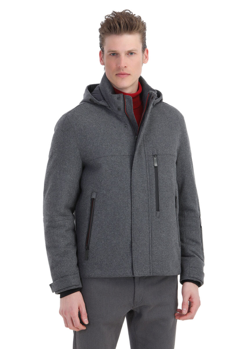 Grey Regular Fit Turtleneck Casual Weaving Removable Hood Coat - 3