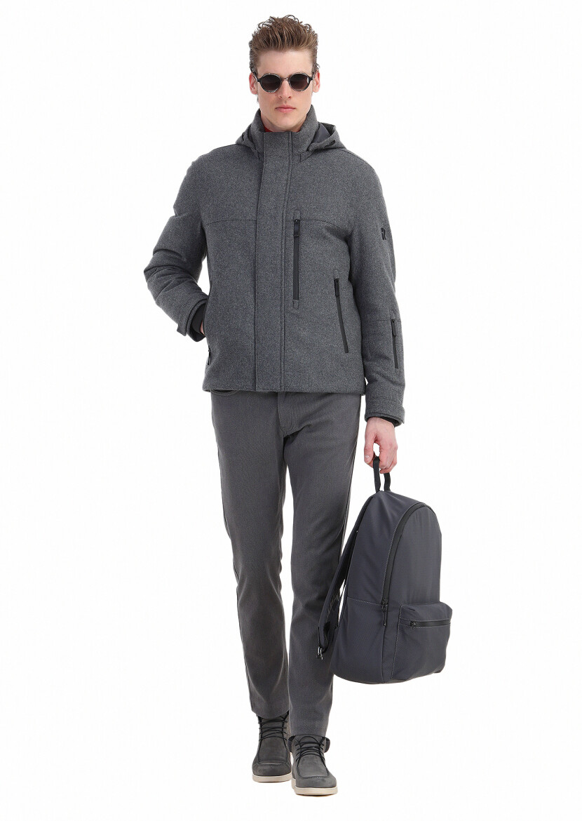 Grey Regular Fit Turtleneck Casual Weaving Removable Hood Coat - 4