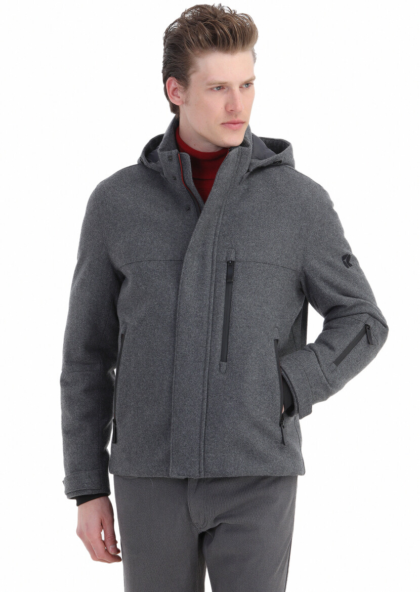 Grey Regular Fit Turtleneck Casual Weaving Removable Hood Coat - 6