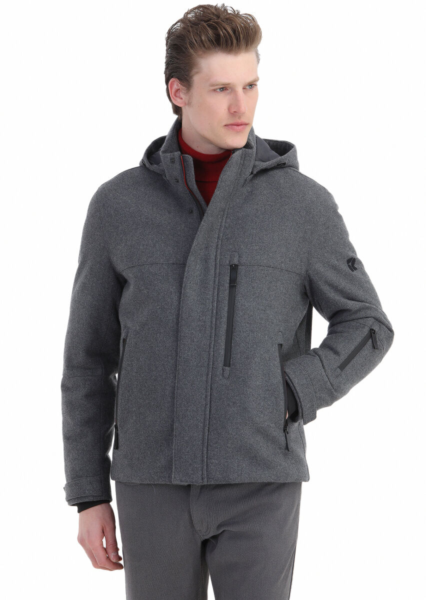 Grey Regular Fit Turtleneck Casual Weaving Removable Hood Coat - 6