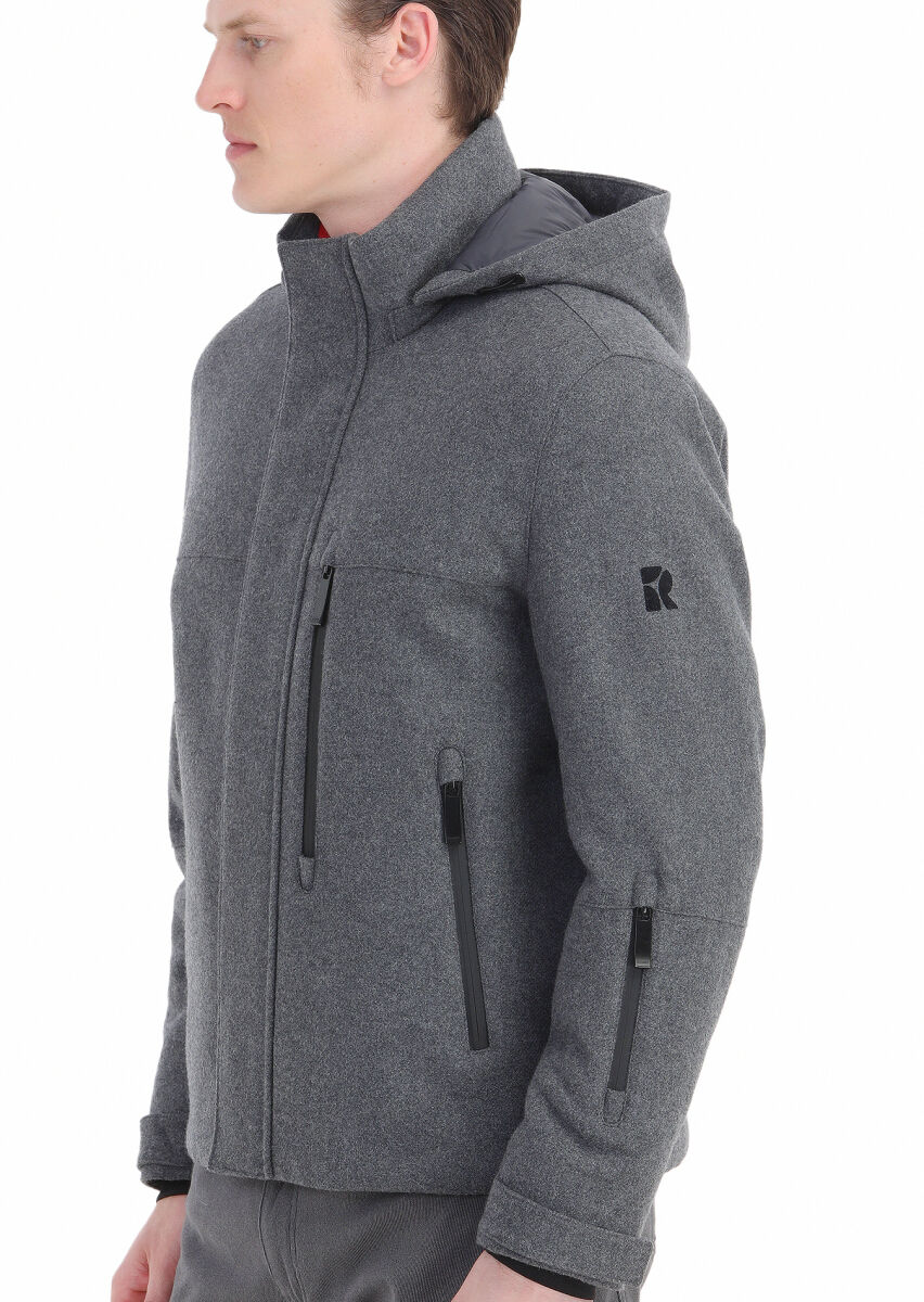 Grey Regular Fit Turtleneck Casual Weaving Removable Hood Coat - 7