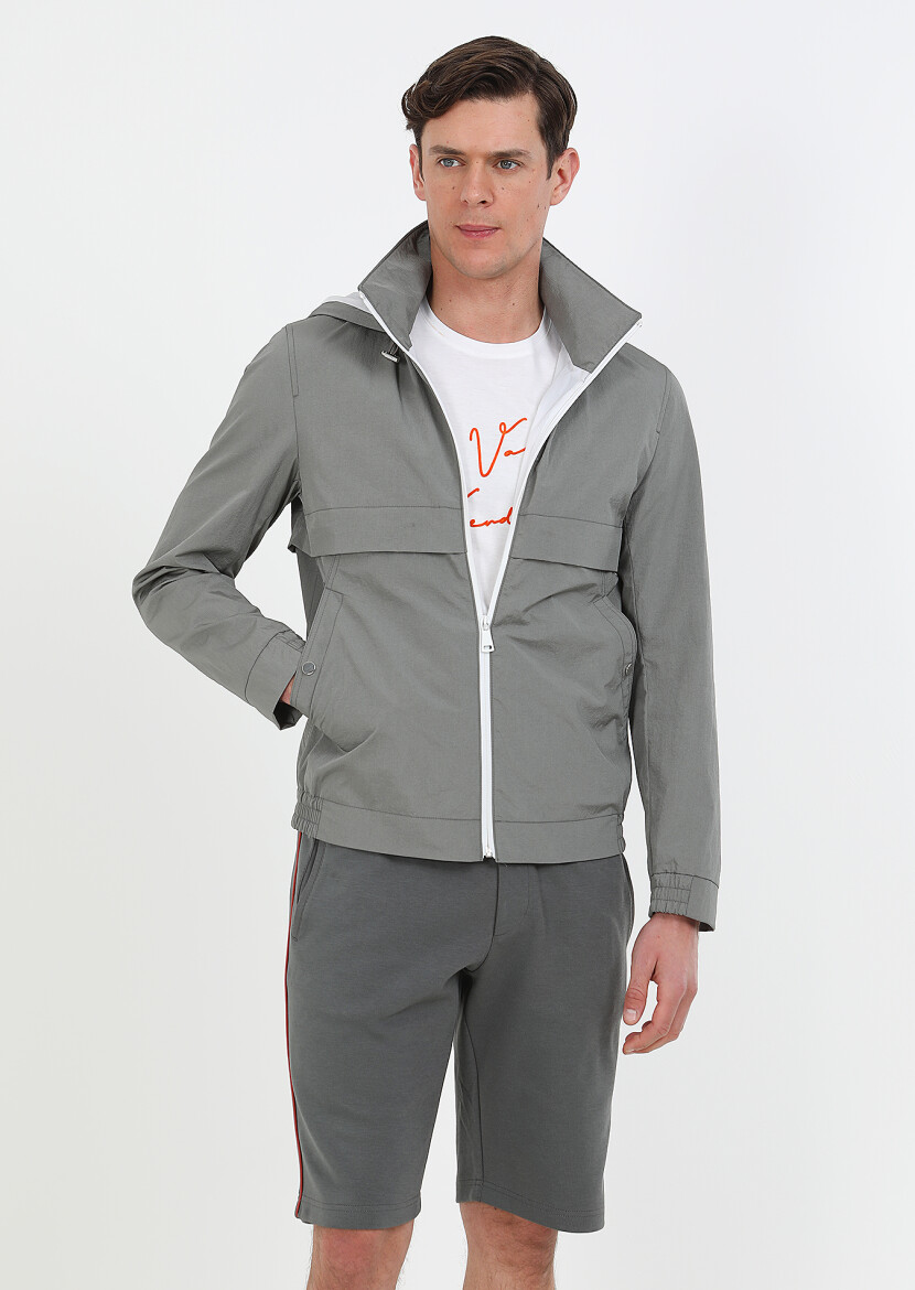 Grey Regular Fit Turtleneck Denim Weaving Coat - 1