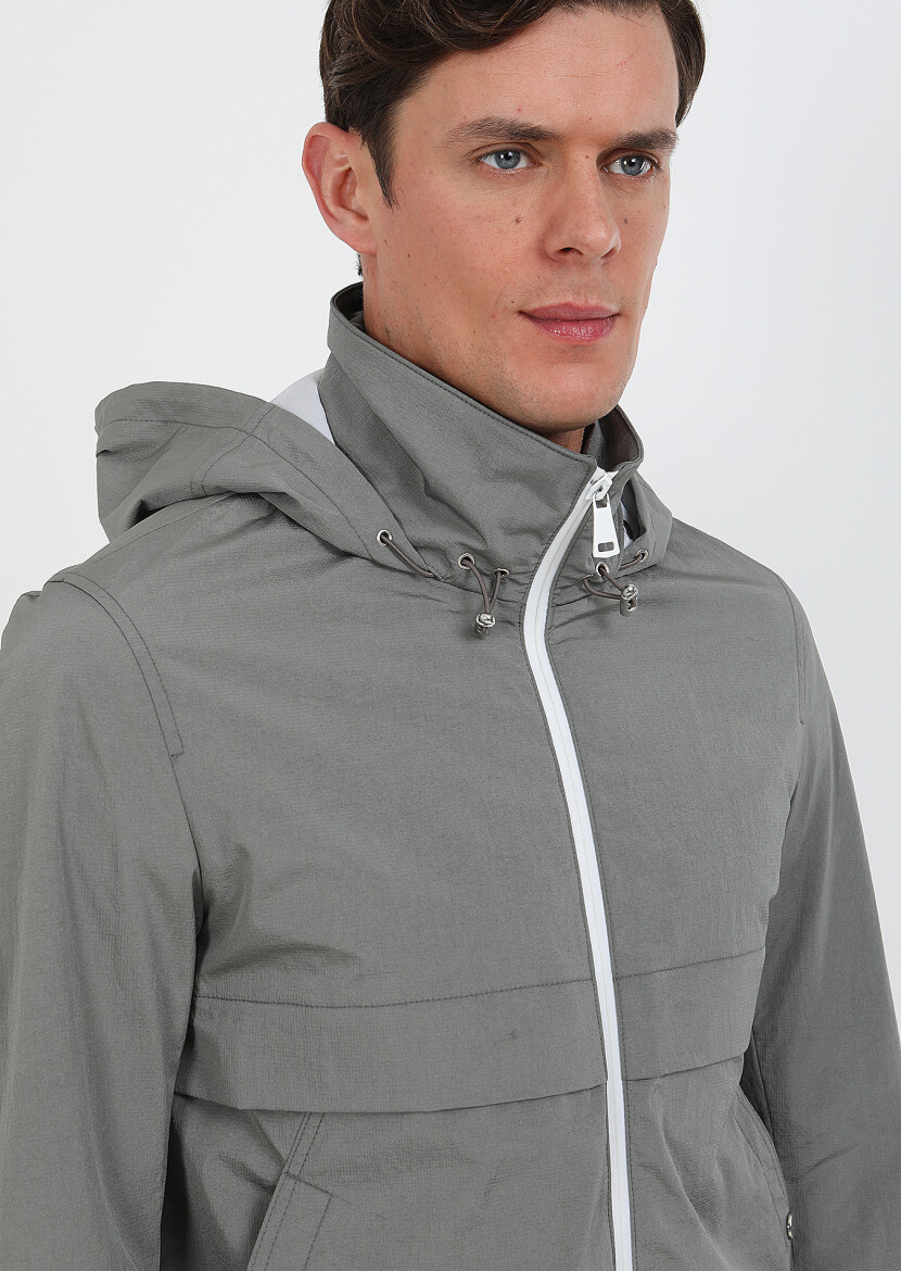 Grey Regular Fit Turtleneck Denim Weaving Coat - 3