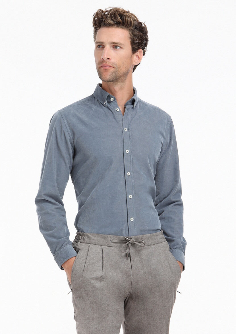 Grey Ribbed Regular Fit Long Weaving Casual 100% Cotton Shirt - 1