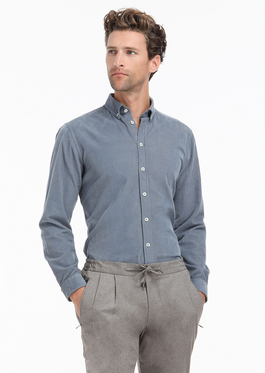 Grey Ribbed Regular Fit Long Weaving Casual 100% Cotton Shirt - 1