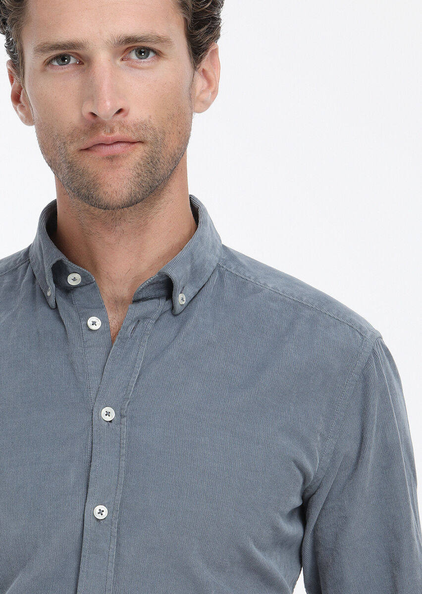 Grey Ribbed Regular Fit Long Weaving Casual 100% Cotton Shirt - 2