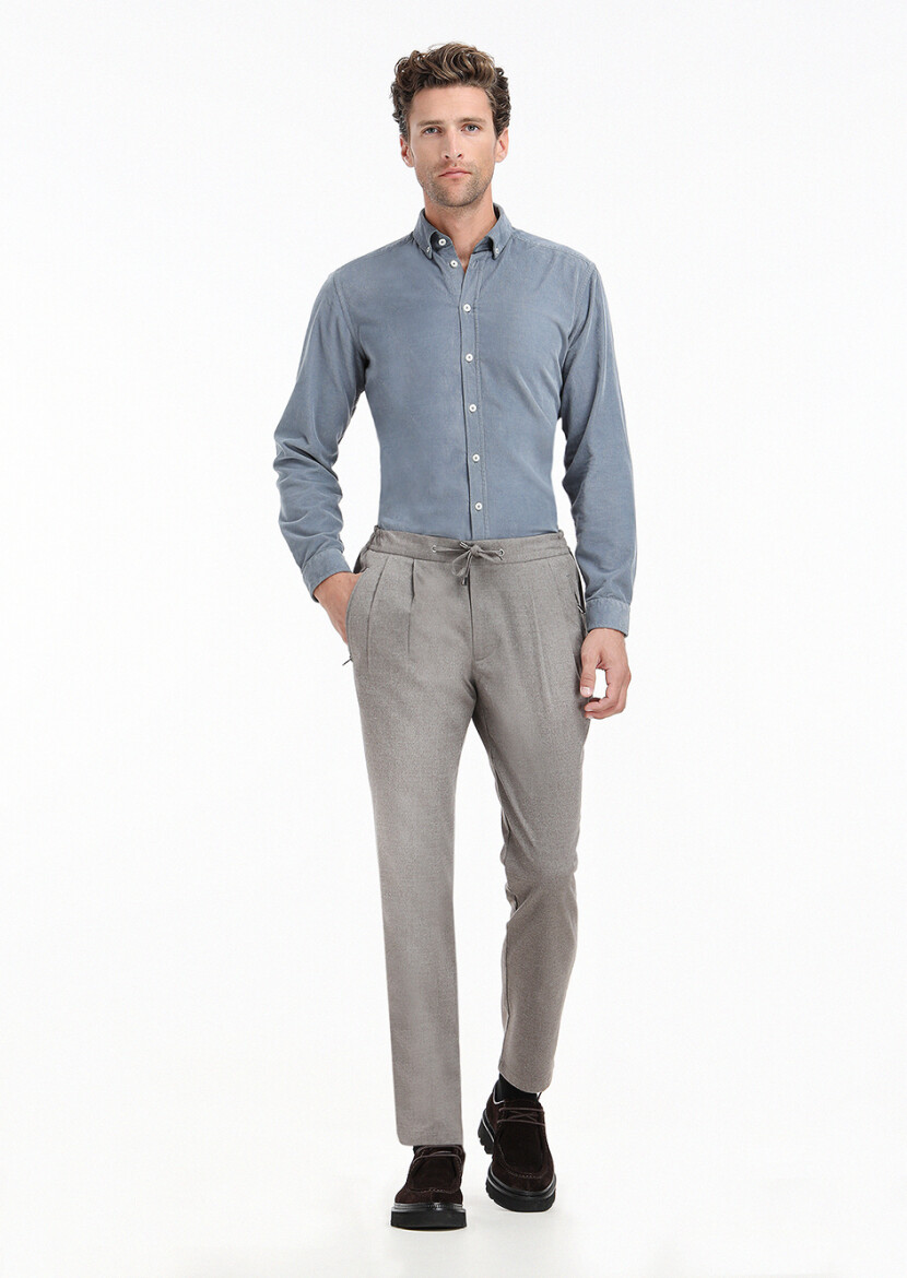 Grey Ribbed Regular Fit Long Weaving Casual 100% Cotton Shirt - 3