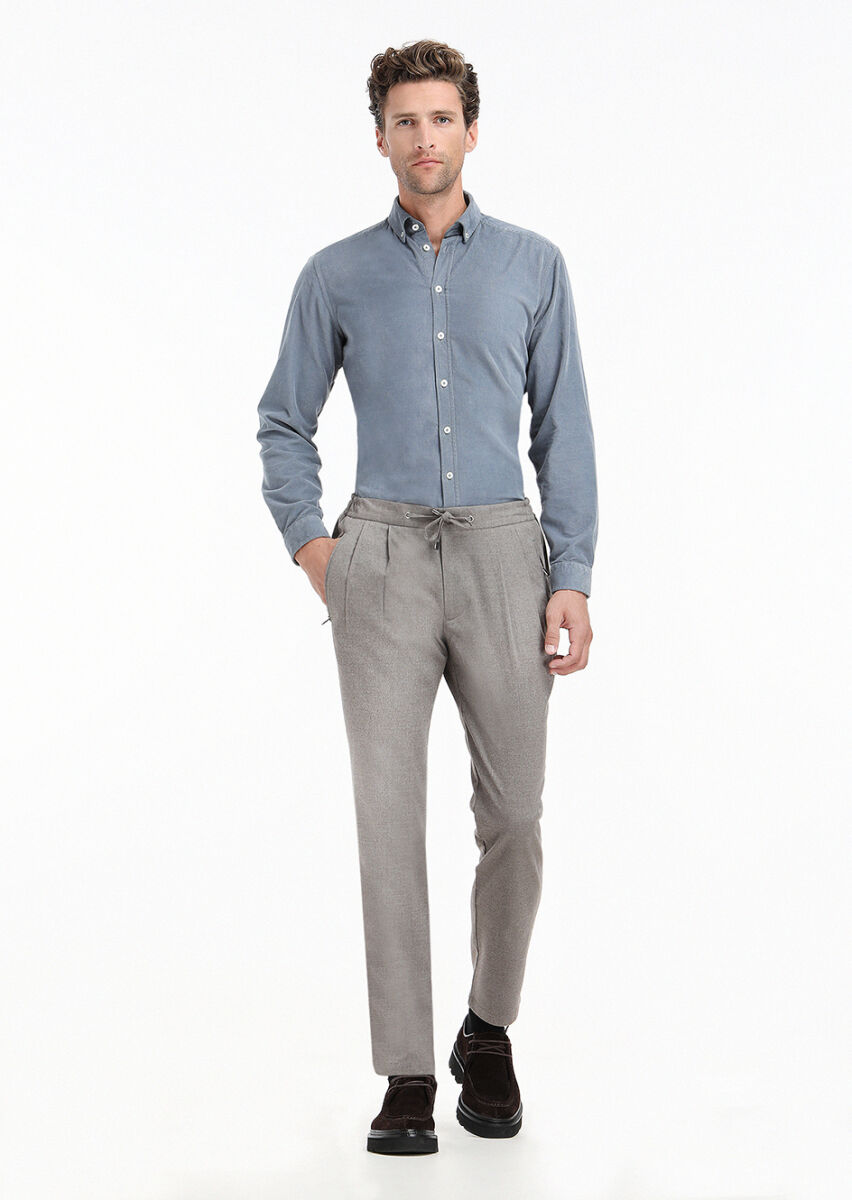 Grey Ribbed Regular Fit Long Weaving Casual 100% Cotton Shirt - 3