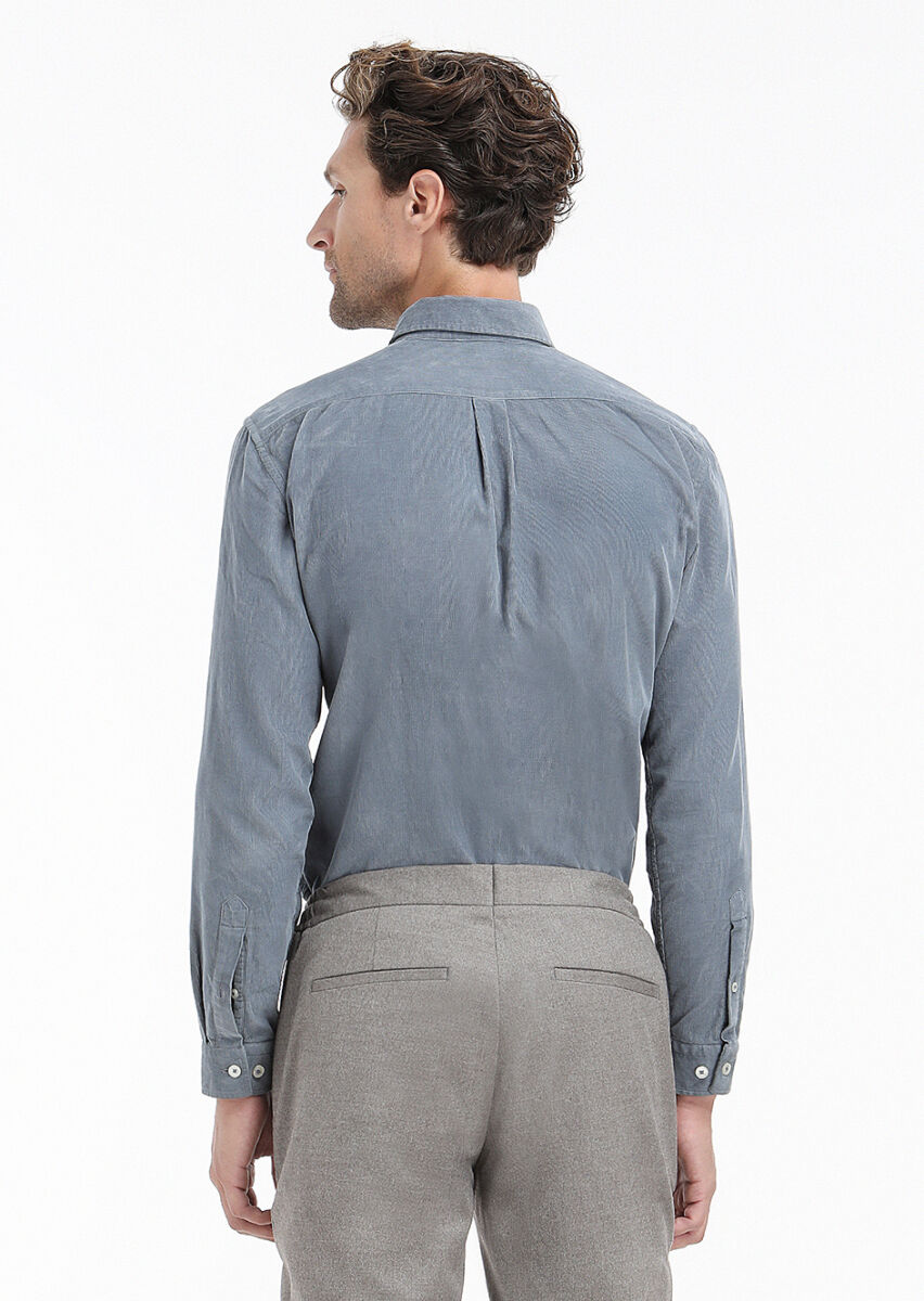 Grey Ribbed Regular Fit Long Weaving Casual 100% Cotton Shirt - 5