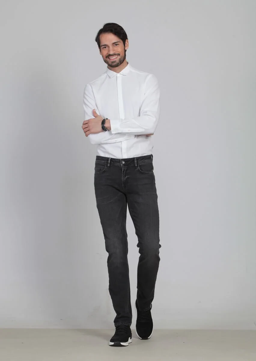 Grey Slim Fit Denim Cotton Blended Trousers - 2