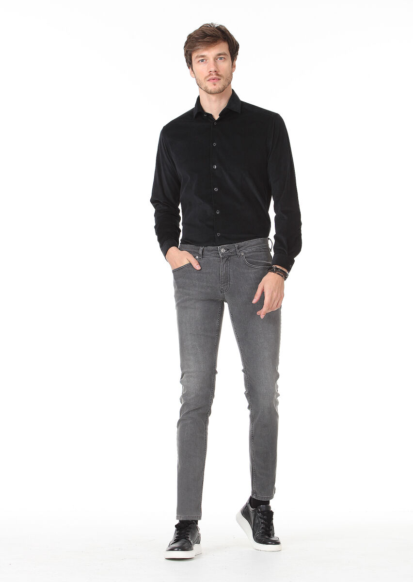 Grey Slim Fit Denim Cotton Blended Trousers - 1