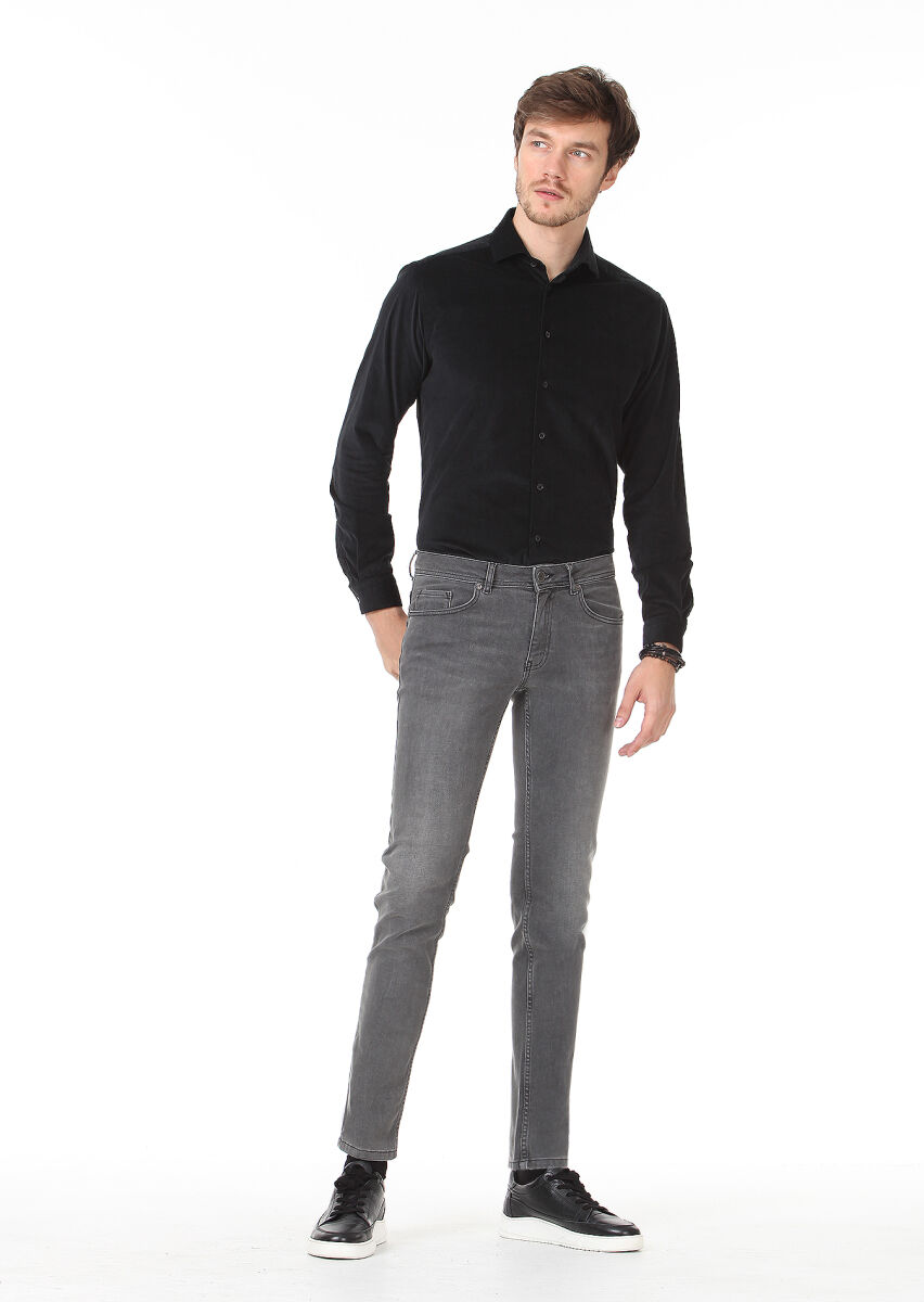 Grey Slim Fit Denim Cotton Blended Trousers - 2