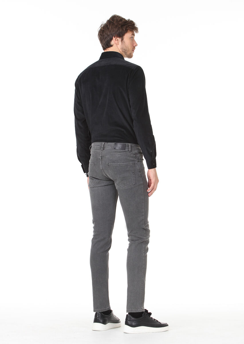 Grey Slim Fit Denim Cotton Blended Trousers - 4