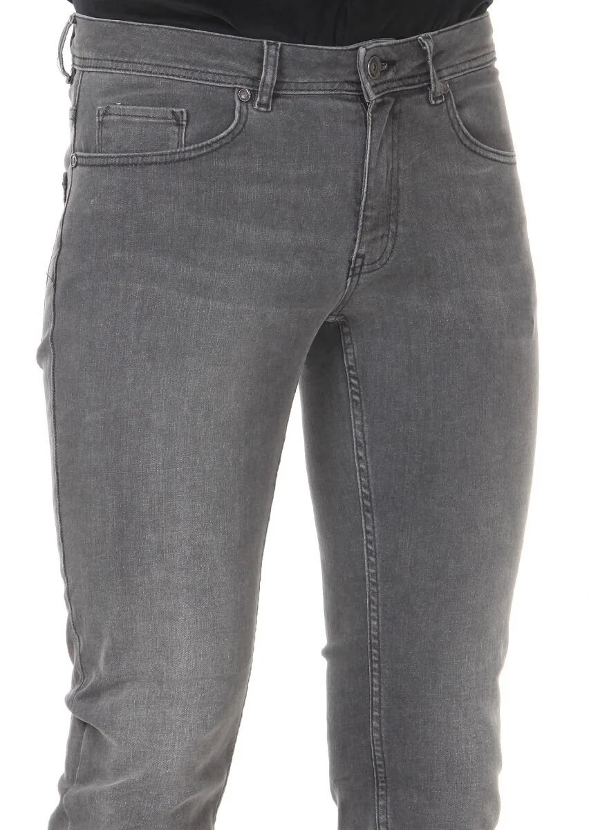 Grey Slim Fit Denim Cotton Blended Trousers - 3